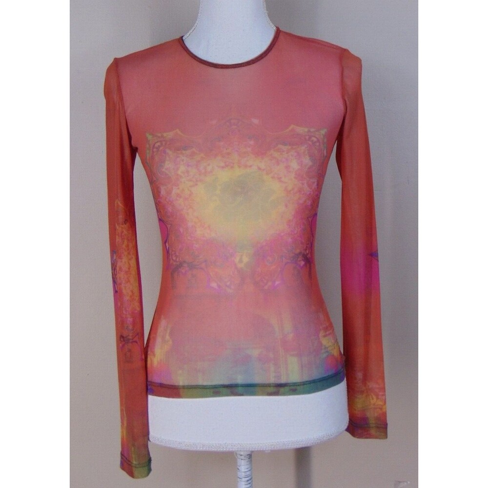 Vintage Y2k 90's Womens Printed Tattoo Sheer Mesh Long Sleeve Top Xs S Asian